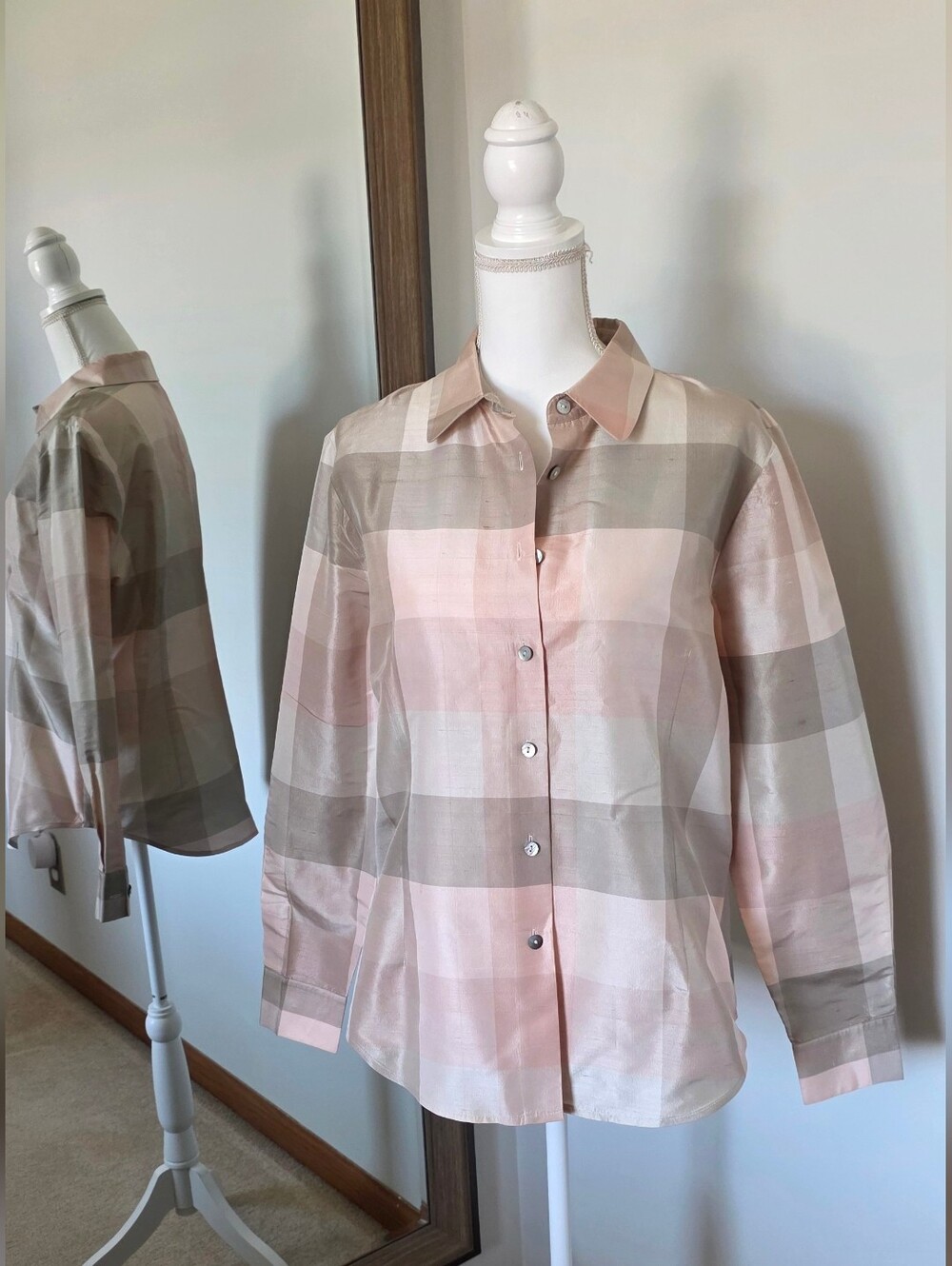 Valeria Stevens Pure Silk Plaid Button Down